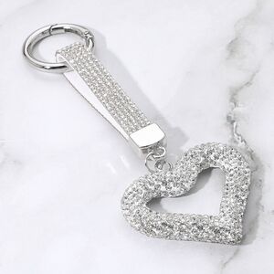 Silver Open Heart Silhouette Bling Studded Keychain Bag Charm Decoration